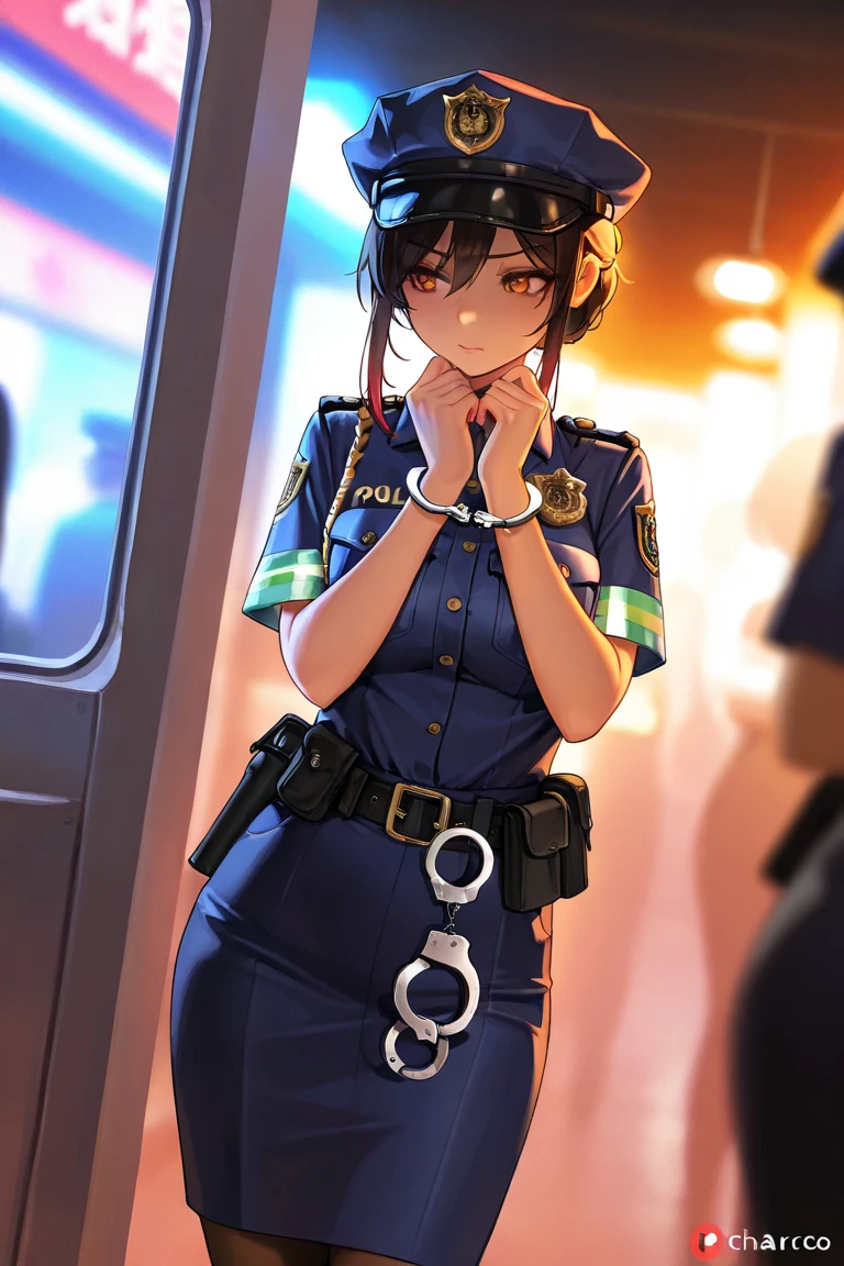 Hold handcuffs, enamel police costume, cowboy shot, solo cute policewoman female, (best quality,4k,8k,highres,masterpiece:1.2),ultra-detailed,intricate details, high fashion, dramatic lighting, warm colors, chiaroscuro, rating safe