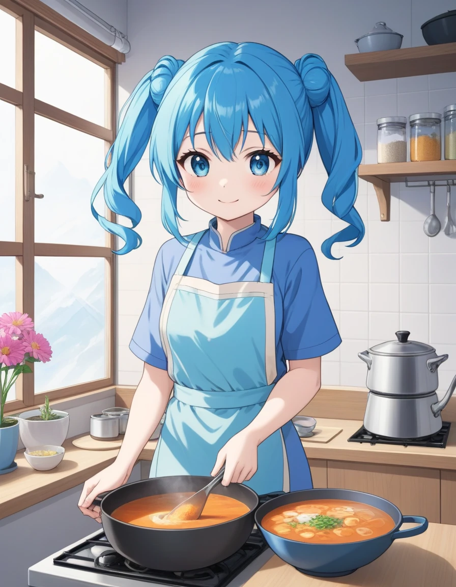   anime light blue long hair  、  cute girl with twin tails 、smile、 apron with a bun tied、cooking in a kitchen with a pot of soup, cooking, , Cute Anime girl,   The 、 bright kitchen standing in front of a pot 、It&#39;s snowing outside the window、 kitchen standing in front of the pot is decorated with lots of flowers 、splash art anime change,   anime food, change,    anime moe art style , small change girl,  Anime Girl Auto   ,  Anime Style 4k , Cute Anime, cooking it up,   young anime girl  ,     high quality anime art style    