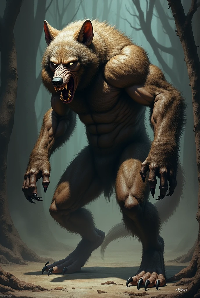 Make a werewolf. Anthropomorphic, with brown hair. 2.10 meters, yellow eyes, long tail. Big teeth and it's in a forest., illustration, photo
More skiny
