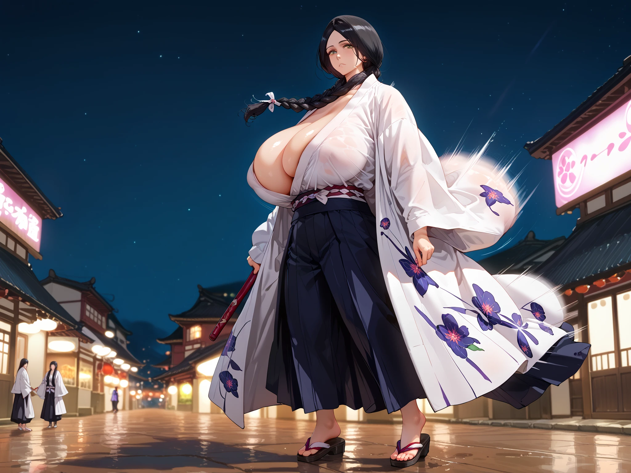 side view, looking at side,  high speed, high speed道路 , night,  neon lights ,  Dark Sky , Movement,  Motion Blur, whole body, ブレ,  depth of field,  Foraging, Unohana, long hair, black hair, braid, single braid, large breasts,, Unohana, long hair, black hair, braid, single braid, large breasts,
japanese clothes,  kimono, haori, black hair, expressionless face, full body,
 1 girl, Improve, 1 person,  gigantic breast, sagging breast,   huge breasts,  huge breasts,  score_9_up,  score_8_up,  score_7_up, masterpiece,  are extremely beautiful, 