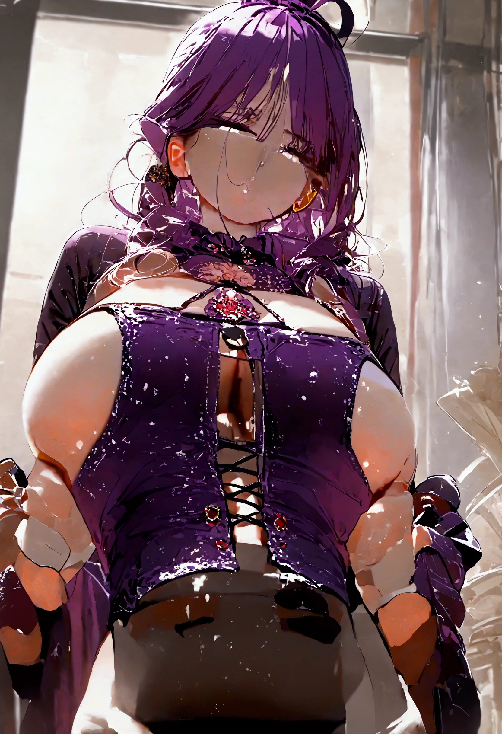 (masterpiece）、（Best image quality）、（Very detailed）、（Very detailed）、4K、（8K）、Best image quality、（beautiful）, 1 Girl,Huge breasts、Thick thighs,Noise Reduction､Emphasis on the crotch､Breast Augmentation,(Black Pantyhose:1.2),The chest is exposed,(nsfw :1.3),(pubic hair:1.3),Sweating,(business suit:1.2),(Bukkake:1.2),(Eyes are hearts:1.2),(Sex slave:1.3)