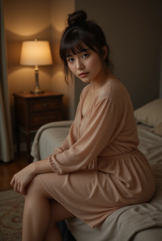 A beautiful indonesian woman, a bit chubby, tied short hair with bang, wearing chiffon sleeveless nightgown. Sitting on the edge of the bed. In the cozy bedroom at night. look at the viewer,