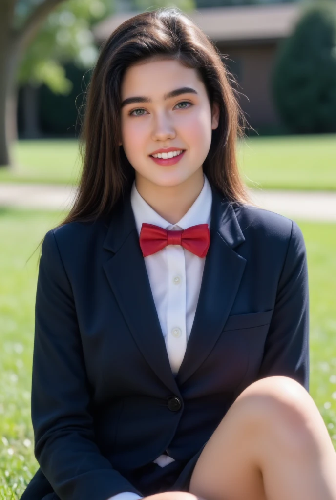 1girl, alone,
from right in front,
(from the top of her head to her legs),
(young Jennifer Connelly at ),
she wear in tidy dark blue high school blazer uniform and immaculate shirt with blilliant red bow tie.,
she is a tall woman with long slender limbs.,
moderately plump blreasts youth fully upward.,
broad wide shoulders as like athlete, 
toned yet still moderately fleshy womanly body,
small waist and round hips,
(she has a cute face with plump cheeks.),
scooped nose arched high with a turned-up tip, 
modestly thin eyebrows, 
modest make up for highlighting her natural beauty as a teenage girl.,
flawless healthy youthful fresh succulent fine smooth glistening fair pale skin,
wet shiny long dark hair with the tips of the hair are wet.,
she is giving a beamng smile to show her love to him.,
she sits on the grass side and she spreads her legs wide., 
bright sun light illuminates direct on her face., 

(Browse:-2), (Faithfully reproduce image details1.37), (１Beautiful woman), , (Best quality calibration:1.21), 32K resolution, (Practical:1.21), (超Practical:1.21), High resolution UHD, (masterpiece:1.21), (Quality Improvement:1.21), (Very nice facial details), (Perfect Anatomy:1.21), Physically Based Rendering, Ray Tracing, (Highest quality real texture skin:1.21), (Symmetrical and detailed eyes:1.21), Delicate eyelashes_eyebrow, (Clear focus), Professional movie lighting,  Browse:-2,