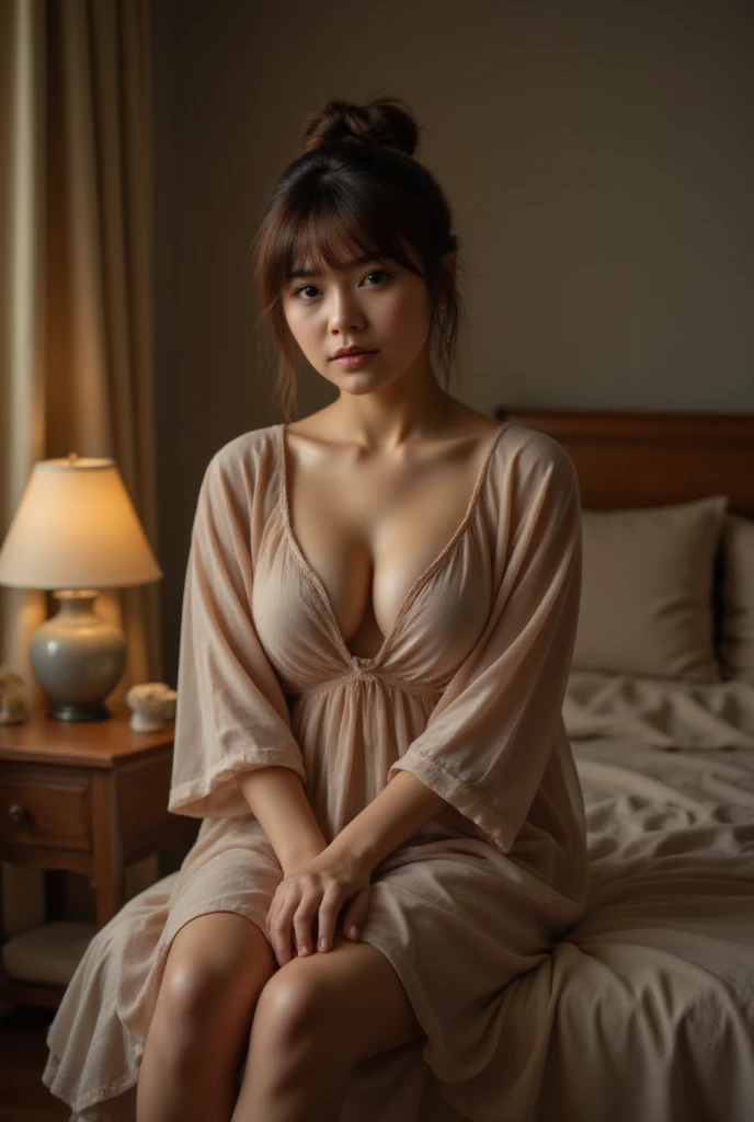 A beautiful indonesian woman, a bit chubby, tied short hair with bang, wearing chiffon sleeveless nightgown. Sitting on the edge of the bed. In the cozy bedroom at night. look at the viewer,