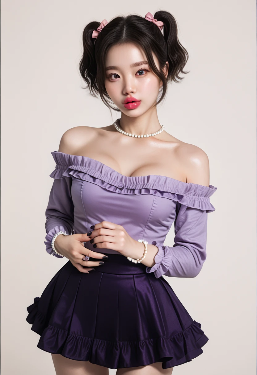 1girl, solo, masterpiece, best quality, Breast Implants - XL, short hair, twin tails, soft pink lips, frilly off the shoulder long sleeved purple top, short black skirt, painted black fingernails, Korean Beautiful and Cute Uzzlang Girl Look, pearl bracelet