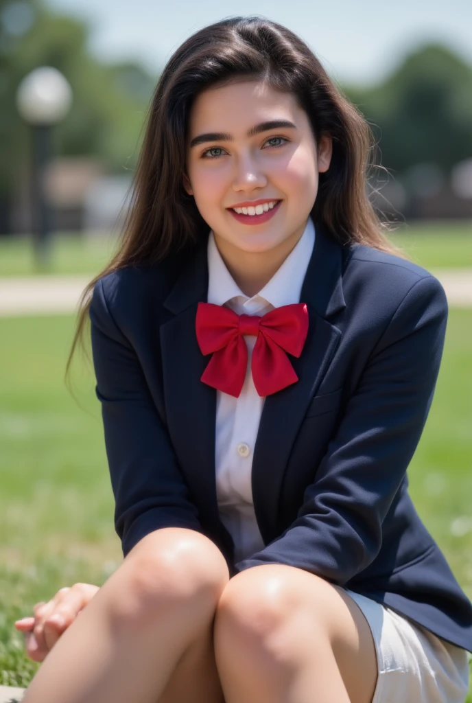 1girl, alone,
from right in front,
(from the top of her head to her legs),
(young Jennifer Connelly at ),
she wear in tidy dark blue high school blazer uniform and immaculate shirt with blilliant red bow tie.,
she is a tall woman with long slender limbs.,
moderately plump blreasts youth fully upward.,
broad wide shoulders as like athlete, 
toned yet still moderately fleshy womanly body,
small waist and round hips,
(she has a cute face with plump cheeks.),
scooped nose arched high with a turned-up tip, 
modestly thin eyebrows, 
modest make up for highlighting her natural beauty as a teenage girl.,
flawless healthy youthful fresh succulent fine smooth glistening fair pale skin,
wet shiny long dark hair with the tips of the hair are wet.,
she is giving a beamng smile to show her love to him.,
she sits on the grass side and she spreads her legs wide., 
bright sun light illuminates direct on her face., 

(Browse:-2), (Faithfully reproduce image details1.37), (１Beautiful woman), , (Best quality calibration:1.21), 32K resolution, (Practical:1.21), (超Practical:1.21), High resolution UHD, (masterpiece:1.21), (Quality Improvement:1.21), (Very nice facial details), (Perfect Anatomy:1.21), Physically Based Rendering, Ray Tracing, (Highest quality real texture skin:1.21), (Symmetrical and detailed eyes:1.21), Delicate eyelashes_eyebrow, (Clear focus), Professional movie lighting,  Browse:-2,