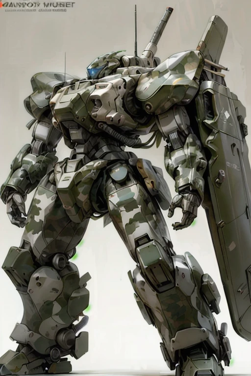 best quality,masterpiece,highly detailed,ultra-detailed, camouflage scheme painted militaryrobot, mecha,battlerobot, science fiction, no humans, concept art, ww3 battle robot huge palette on shoulder, stylized,white background, simple background