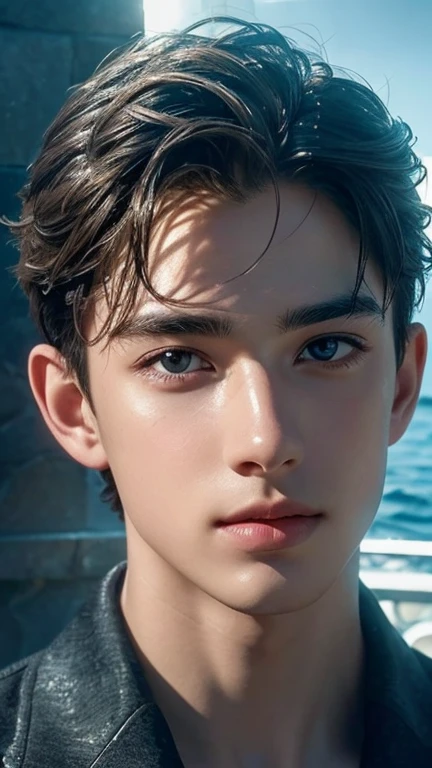 (masterpiece: 1.3), (Best Quality: 1.2), 8k, absurdities, (extremely detailed: 1.3), Highestres, (1boy: 1.2), portrait,
,((( naked))), ,perfect cock,short black hair, very short hair, green eyes, pale, baggy eyes, beach