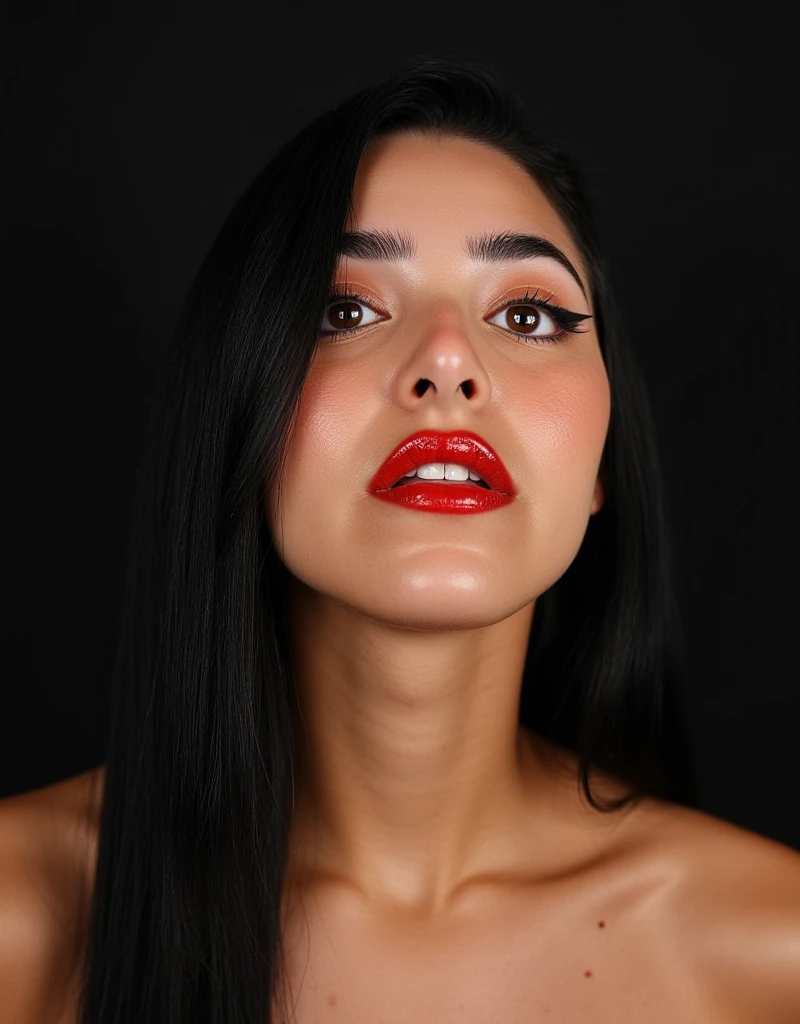 beautiful full body portrait, red lip gloss, nude, euphoria, black hair, shiny lips, glossy lips, reflective lips, eye contact, look of desire as she dips her chin down towards the viewer, lip fillers, full lips, shiny red gloss on lips, eyeliner flicks, naked