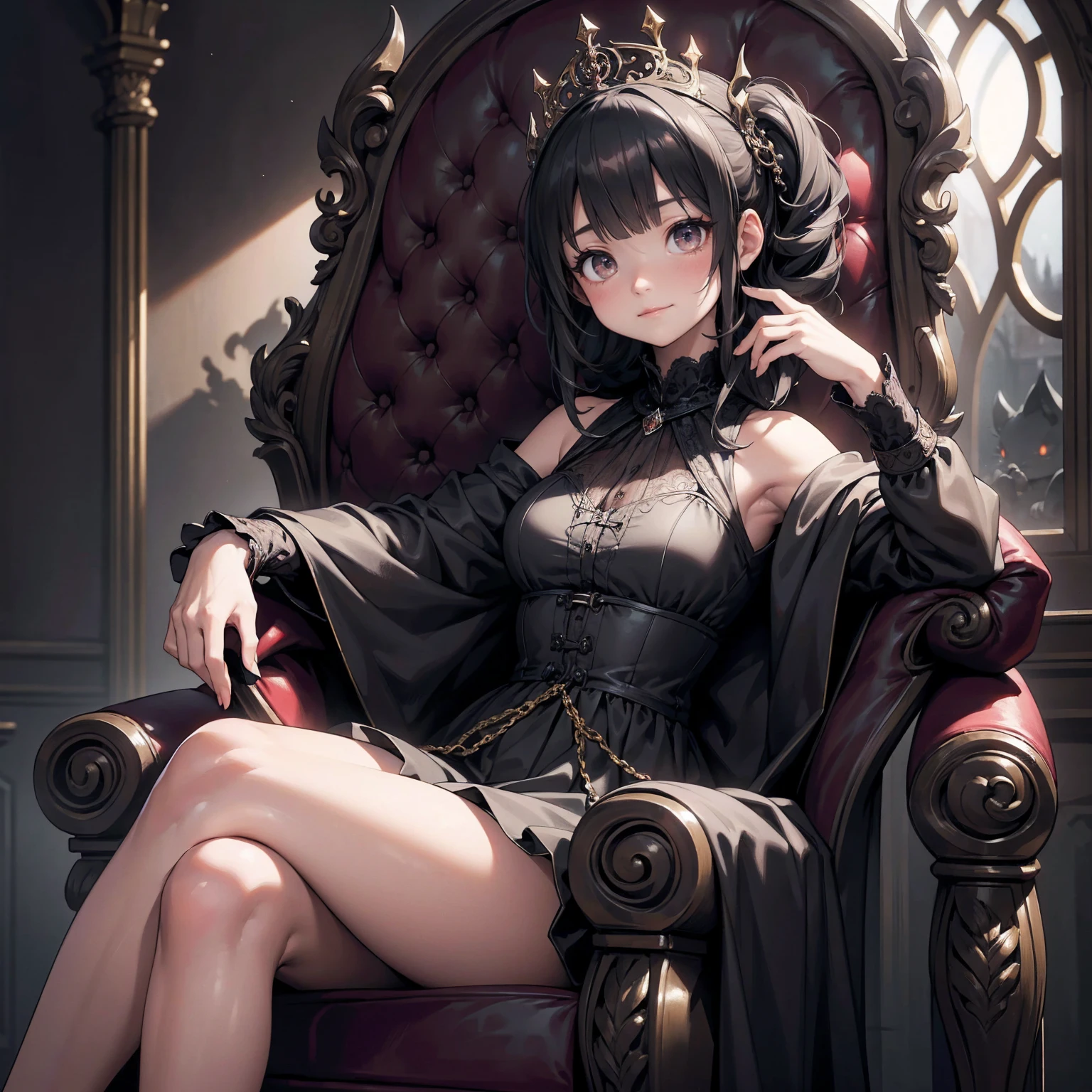 1girl, sitting on a throne, young vampire, mischievous smile, dark fantasy, surreal resolution, best quality, 4k, 8k, 16k, masterpiece:1.2, ultra-detailed, extremely detailed eyes and face, long eyelashes, ornate throne, dramatic lighting, dark colors, chiaroscuro, gothic, cinematic, horror, moody atmosphere, UHD,