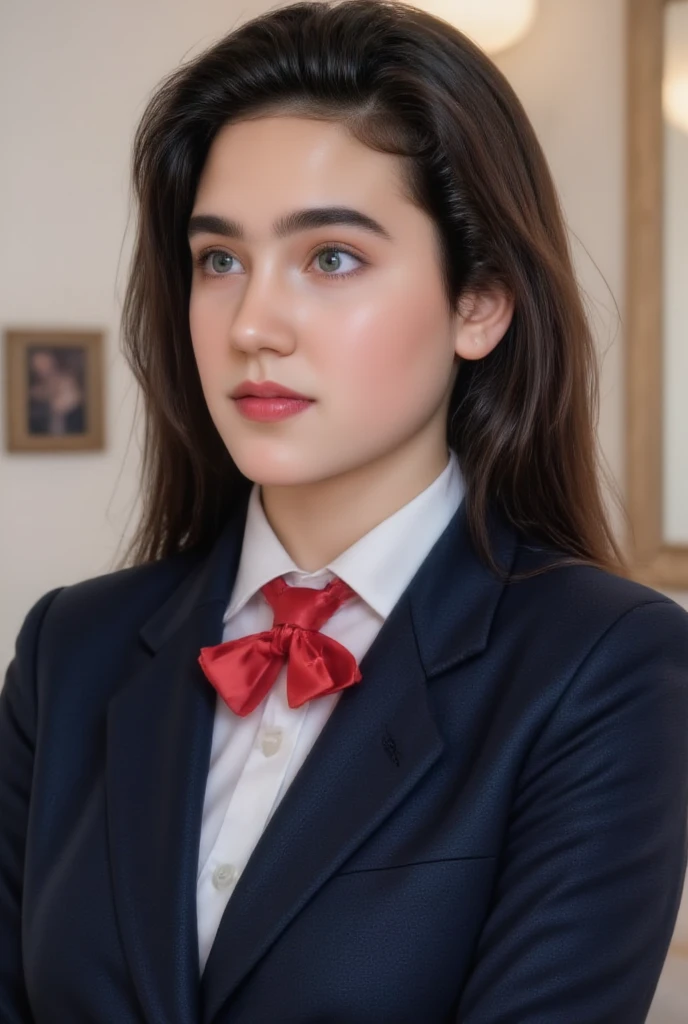 (masterpiece, best quality:1.3), 1girl, Alone, from just her side, her beautiful profile,
from the top of her head to her waist,
she wear in tidy dark blue high school blazer uniform and immaculate shirt with blilliant red bow tie.,
(young Jennifer Connelly at age 15),
with cute face with plump cheeks,
wet eyes, 
scooped nose arched high with a turned-up tip,
no make up,
flawless healthy youthful fresh succulent fine smooth glistening fair pale skin,
with precocious female body with precociously large blreasts and broad wide shoulders, 
a bit wet shiny long dark hair fluttering,
She lays on her back on the bed and looking up at someone smiling in anticipating eyes.,

(Browse:-2), Face correction///Put on some clothes, (Faithfully reproduce image details1.37), (１Beautiful woman), , (Best quality calibration:1.21), 32K resolution, (Practical:1.21), (超Practical:1.21), High resolution UHD, (masterpiece:1.21), (Quality Improvement:1.21), (Very nice facial details), (Perfect Anatomy:1.21), Physically Based Rendering, Ray Tracing, (Highest quality real texture skin:1.21), (Symmetrical and detailed eyes:1.21), Delicate eyelashes_eyebrow, (Clear focus), Professional movie lighting,  Browse:-2,