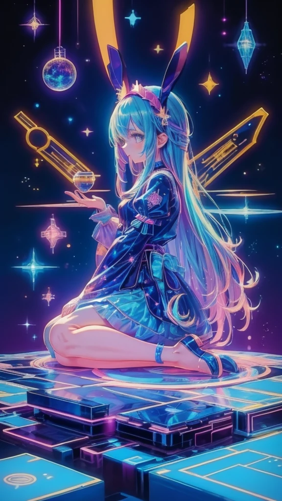  ((Alice))Blue and white dress， blue headband in hair， anime girl ,  (( Dynamicアングル)) very beautiful,   Ideal Anatomy  ,  Starry sky with zodiacal constellations, Like a nebula ，hologram rabbit ，human，Holographic tree，Rich in nature，future，Shine夏の日には太陽が輝いています ，masterpiece  ,  top quality,    perfect anatomy ,  very aesthetic,   Official Art , 8k, Shine, A vast place，The magic of painting,  Dynamic， Nice colored shadows , style for stilets , fantasy,青い髪と緑の髪と星と雲の anime girl  ， Pixiv's Popular , Neo-Fauvism,  anime atmosphere ,  A dreamy psychedelic anime , 2Dアニメ style for stilets,  Dynamic，girl with turquoise hair, 「魔法の国のAlice」， absurd，アンドロイドジョーンズによるアニメ style for stiletsの誇大広告R詳細な , アニメ style for stiletsとフジフィルムがミックスされた, アニメ style for stilets 4k, Decora style illustration ,， masterpiece , top quality,  perfect anatomy ,  very aesthetic,  Official Art , 8k, Shine, The magic of painting,  Nice colored shadows ,  style for stilets , fantasy,「Alice」A delicate touch，