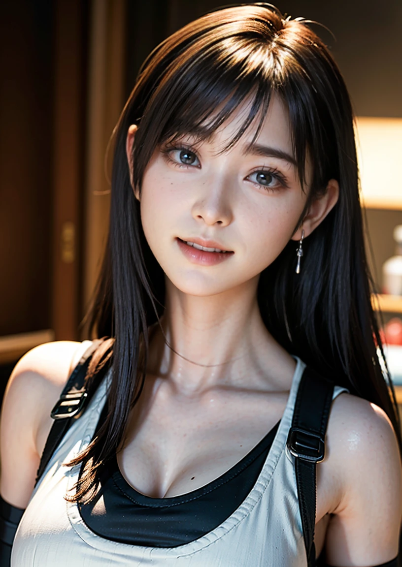 (, blush, 20yo, narrow eyes) (Photorealistic: 1.4), Solo, Top Quality, Very Delicate and Beautiful, High Definition, 1girl, tifa_lockhart, Smile, Cowboy Shot, Suspenders, Low Rise, Mini Skirt, white Tank Top, Tense Shirt, Black Hair, Long Hair, Elbow Gloves, Beautiful Detailed Red Eyes, Face Light, Movie Lighting, Navel, ( gigantic breasts: 1.0), old bars, background blurred, fluttering hair,  beautiful woman