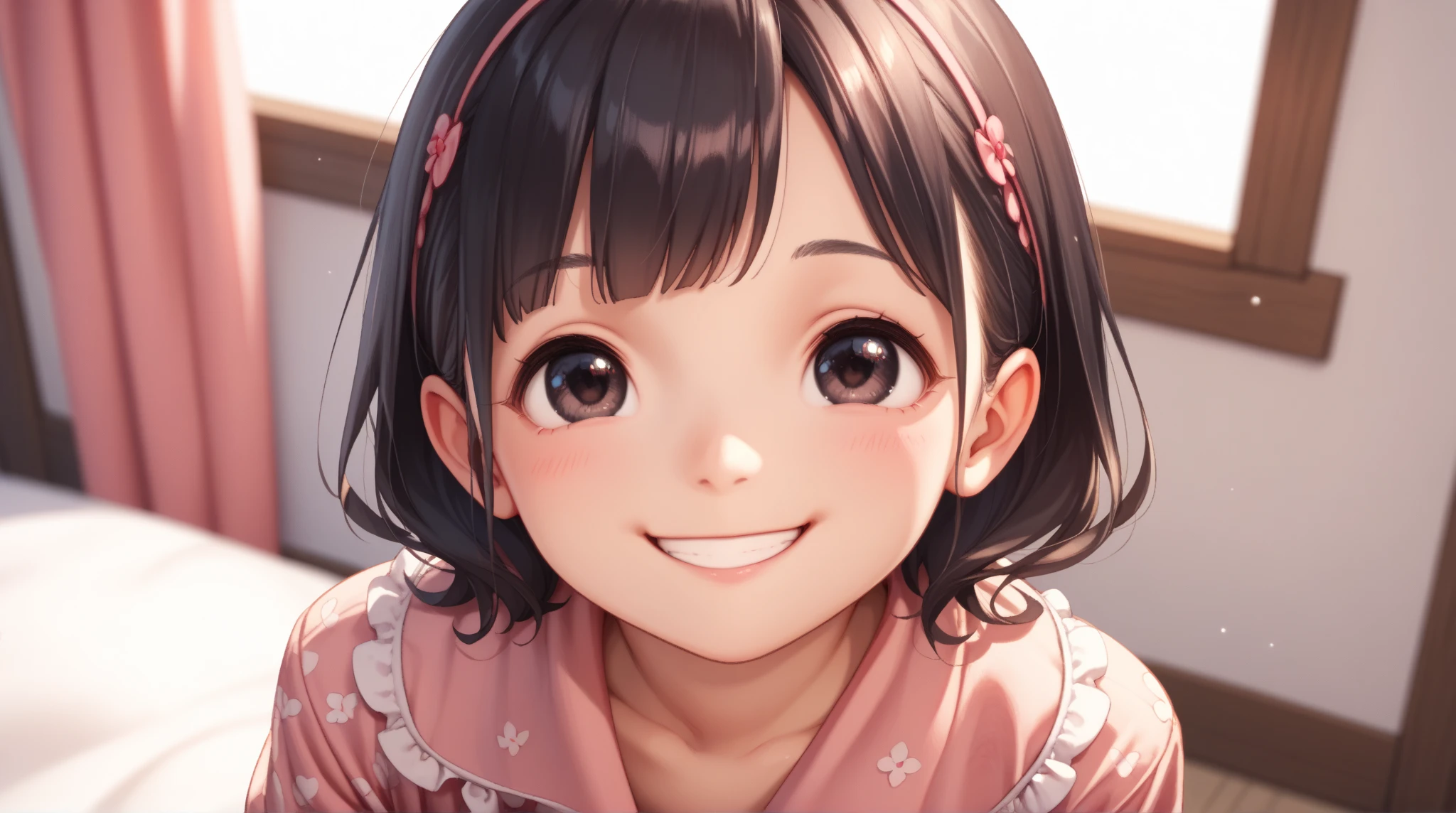 break anime style:1.5, Young girl（８talent、loli、 Kindergarten Mother）、Black Hair、 shortcuts、 dark eyes、clothing（pajamas:1.5）、break((smile:1.5), (looking up:1.3))、background（back ground is pink:1.3）、break anime style:1.5