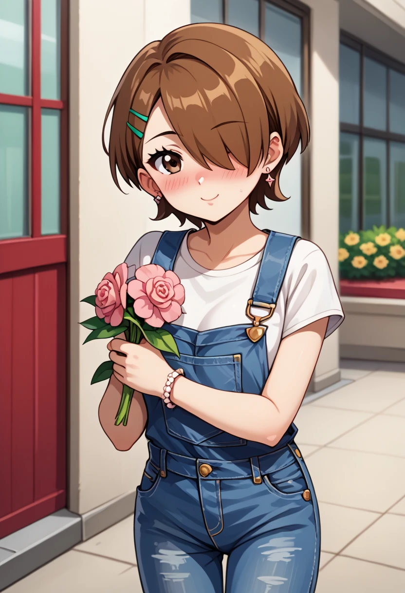 1girl, solo, masterpiece, best quality, (anime art style:1.0), score_9, score_8_up, score_7_up, source_, blushing, hair covering one eye, short brown hair, holding out a flower to the viewer, denim overalls, spiky bracelet, stud earrings, hair clip accesories