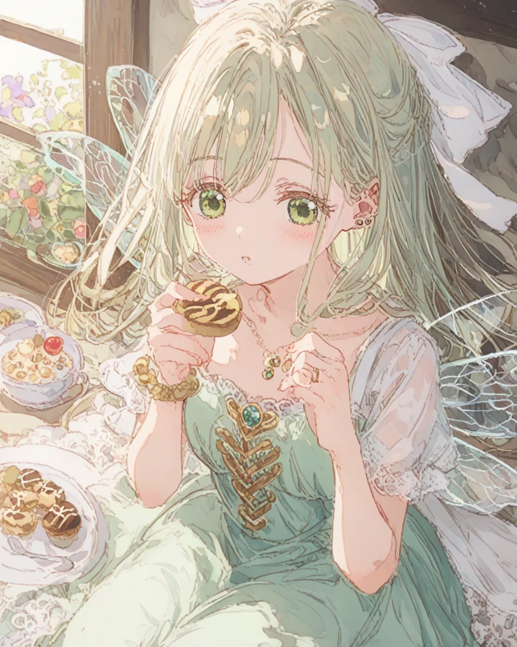 ( pastel colors;1.3)、(cute illustration 1 .3)、(Watercolor;1.1)、 Detailsなbackground、 one girl 、 open your mouth and laugh、美しく Detailsな、Haze、 colorful 、marble、Particles of light、patterns、 Detailsな描画、 bright color、 Brilliant Contrasts 、 Intricate Details、 delicate depiction 、 luminescent 、 full body lesbians slimed、 from the side、 beautiful face、明るい色のeye、複雑で Detailsな装飾を身に着けている、Shining Aura、光り輝くhair,Illuminated by the morning light、夏の花輪のbackground、淡いYellow green色のbackground、 fairy with a bouquet of flowers 、Glamorous fairy、greenのhairの、 little fairy sitting in a large teacup 、( little fairy in a large teacup 。 : 1.1)、 little fairy in a large teacup ( wearing lace fairy wings :1.5)light blueのhairの、緑のeye、anime _ style picture of a girl in a bowl with flowers、Levitation、厚handのウールガウン:0.3, ( Masterpiece , top quality,Ultra_ Details, high definition , absurd:1.2), 1 girl, animal_On_head, black_ribbOn, light blue_hair, green_ dress, green_eye, , bow, brooch, cookie, cupcake, dress, dress_bow, _ piercing above spo, rings, Food, full_body, hair_bow, hair_ribbOn, hand_up, holding, gem, piercing above spo, ribbOn, Simple_background, spoOn, is standing, Two_side_up, Yellow green_background, hand首_cuffs, (((light blueのhair色))),