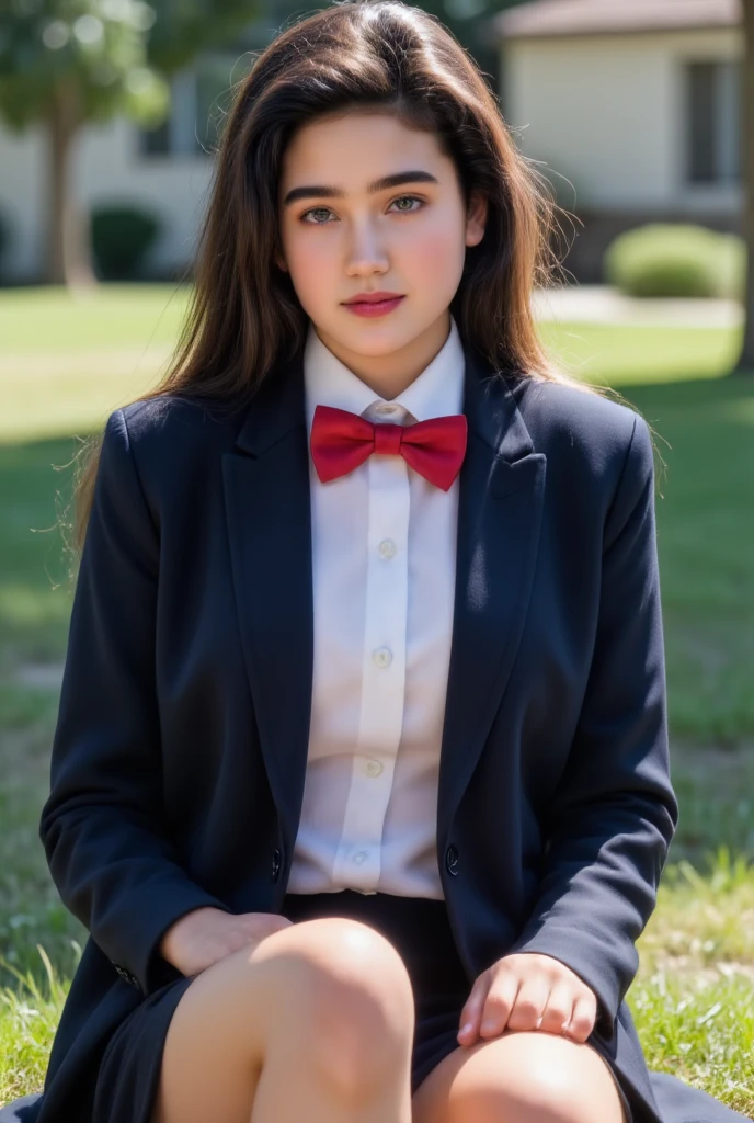 1girl, alone,
from right in front,
(from the top of her head to her legs),
(young Jennifer Connelly at age 15),
she wear in tidy dark blue high school blazer uniform and immaculate shirt with blilliant red bow tie.,
she is a tall woman with long slender limbs.,
moderately plump blreasts youth fully upward.,
broad wide shoulders as like athlete, 
toned yet still moderately fleshy womanly body,
small waist and round hips,
(she has a cute face with plump cheeks.),
scooped nose arched high with a turned-up tip, 
modestly thin eyebrows, 
modest make up for highlighting her natural beauty as a teenage girl.,
flawless healthy youthful fresh succulent fine smooth glistening fair pale skin,
wet shiny long dark hair with the tips of the hair are wet.,
she is giving a beamng smile to show her love to him.,
she sits on the grass side and she spreads her legs wide., 
bright sun light illuminates direct on her face., 

(Browse:-2), (Faithfully reproduce image details1.37), (１Beautiful woman), , (Best quality calibration:1.21), 32K resolution, (Practical:1.21), (超Practical:1.21), High resolution UHD, (masterpiece:1.21), (Quality Improvement:1.21), (Very nice facial details), (Perfect Anatomy:1.21), Physically Based Rendering, Ray Tracing, (Highest quality real texture skin:1.21), (Symmetrical and detailed eyes:1.21), Delicate eyelashes_eyebrow, (Clear focus), Professional movie lighting,  Browse:-2,