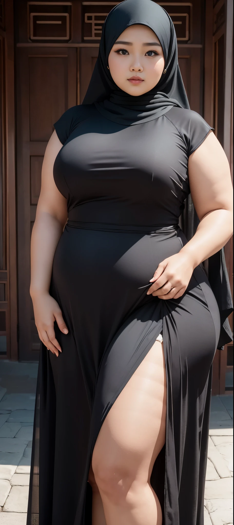 Chubby woman with fat belly and tight thighs, full body, 50-year-old mature woman, thick hips, thick neck, thick chest, big eyes, wearing a longest dress 