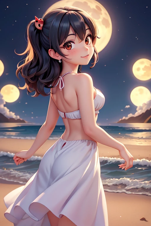 mobian bear, brown hair, brown eyes, black hair, black fur, straight hair, long hair, female, small breasts, ocean, female, 1girl, portrait, standing, nightgown, white clothes, dominant female, smile, shore, frilled underwear, night, moon, stars, ghost, transparent body, psychedelic background, Masterpiece, high quality, studio quality, intricate details, 4k, solo