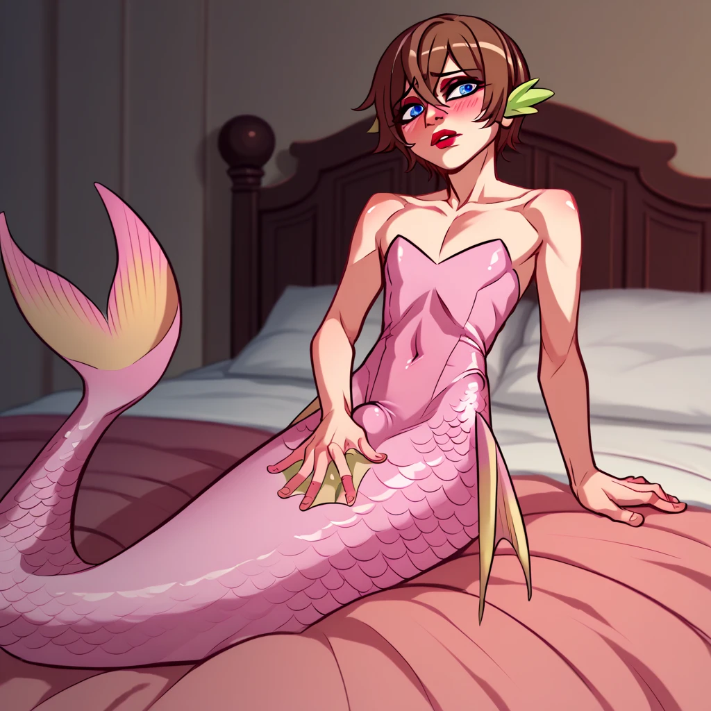 1boy, solo, alone, bed, red lips, brown hair, short hair, spike hair, blue eyes, red eyeshadow, pink blush, pink lips, shy, flat chest, sit on bed, cosplay Meroune Lorelei , Meroune Lorelei outfit, bulge large penis under outfit, pink mermaid, pink mermaid tail below waistline, pink scales mermaid tail, webbing hand, meroune fingers, 