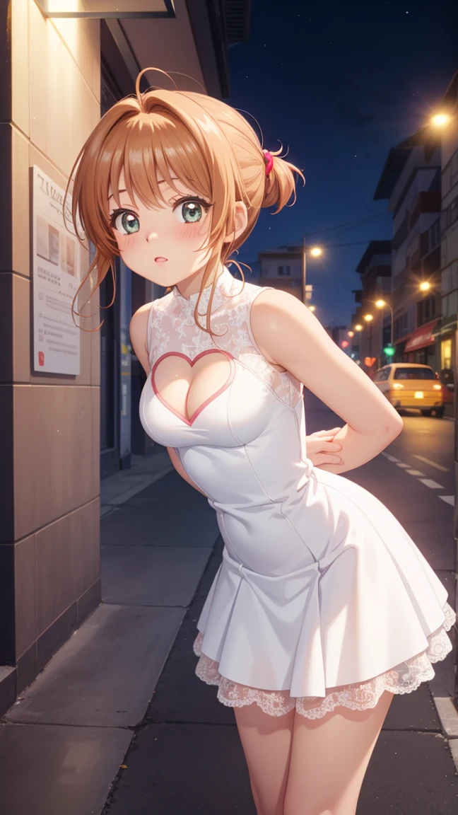 masterpiece, best quality, highres, 1girl, detailed face, (blush), anime CG style, (medium breasts), (18 year old girl:1.3), (aged up), good lighting, perfect body, sakura kinomoto, glossy lips, heart cutout, cleavage cutout, clothing cutout, arms behind back, night, city, prom dress, lace, leaning forward