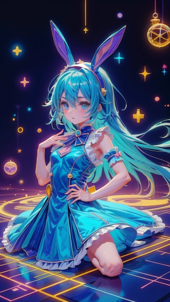  ((Alice))Blue and white dress，Blue headband in the hair ， anime girl ,  (( Dynamicアングル)) very beautiful,   Ideal Anatomy  ,  Starry sky with zodiacal constellations, Like a nebula ，hologram rabbit ，human，Holographic tree，Rich in nature，future，Shine夏の日には太陽が輝いています ，masterpiece  ,  top quality,    perfect anatomy ,  very aesthetic,   Official Art , 8k, Shine, A vast place，The magic of painting,  Dynamic， Nice colored shadows , style for stilets , fantasy,青い髪と緑の髪と星と雲の anime girl  ， Pixiv's Popular , Neo-Fauvism,  anime atmosphere ,  A dreamy psychedelic anime , 2Dアニメ style for stilets,  Dynamic，girl with turquoise hair, 「魔法の国のAlice」， absurd，アンドロイドジョーンズによるアニメ style for stiletsの誇大広告R詳細な , アニメ style for stiletsとフジフィルムがミックスされた, アニメ style for stilets 4k, Decora style illustration ,， masterpiece , top quality,  perfect anatomy ,  very aesthetic,  Official Art , 8k, Shine, The magic of painting,  Nice colored shadows ,  style for stilets , fantasy,「Alice」A delicate touch，