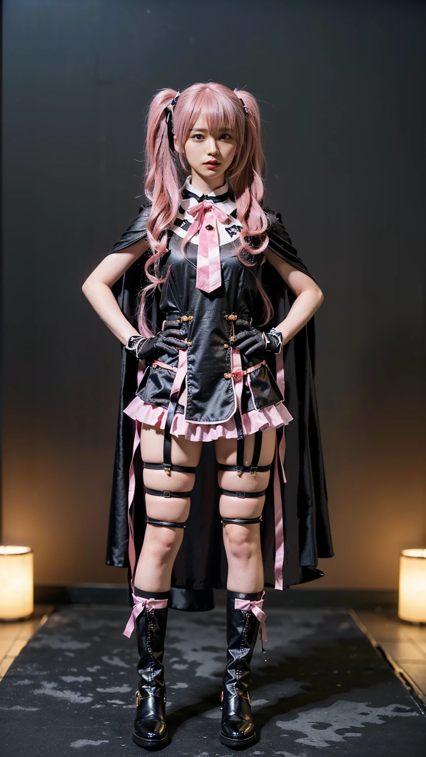 (8k、     RAW photos   、   top quality、masterpiece   :1.2)、(   realistic   、   realistic   )、1 person、((black、  gloves、 see-through、  twin tails、 pink hair、  garter belt hugging、Cape、Ribbon on chest、  Check Mini Skirt、   boots、blackい背景、Thin legs、whole body、Hands on Hips、 standing facing you   )、cute