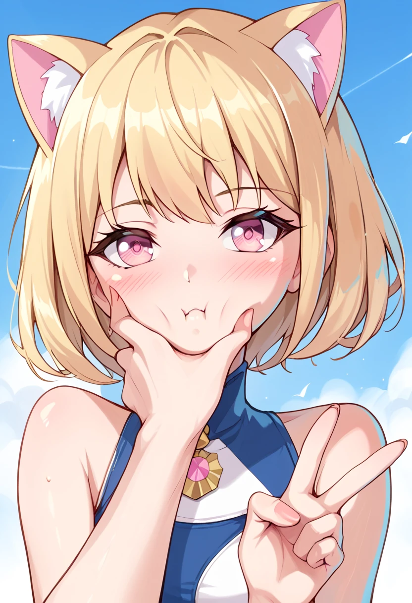 1girl, solo, masterpiece, best quality, (anime art style:1.0), score_9, score_8_up, score_7_up, source_, blushing, short blonde hair, blonde cat ears, light blue swimsuit, pink eyes, Face Grab
v1.0, looking at viewer