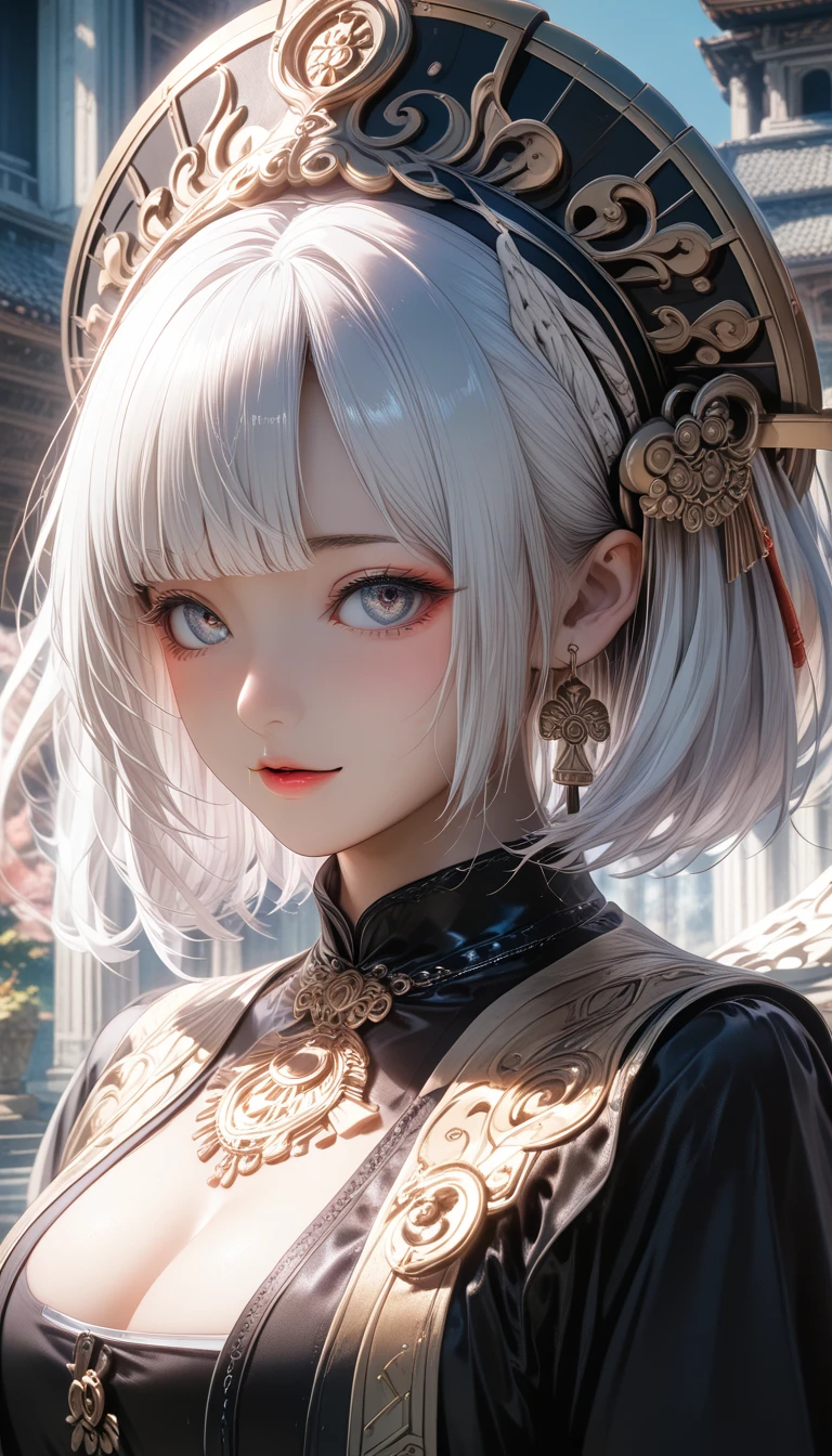 masterpiece,Game Art,Best picture quality,Maximum resolution,8K,(A bust photo),(portrait),(Head close-up),(Rule of Thirds),Unreal Engine 5 rendering works,(Digital Photography),
20 year old girl,Short hair details,Long bangs,The red eye makeup is carefully applied,(Short white hair,Fiery eyes),(Large target, Full breasts),
(A battle suit that combines fantasy and science fiction,Combination of ancient Chinese costumes and science fiction elements,shoulder pad,hollow-carved design,Demon Crown,metallic feel,cloak),Valkyrie in the cyberpunk world,Gray background,
Movie Lighting,Ray Tracing,Game CG,((3D Unreal Engine)),oc render reflection texture