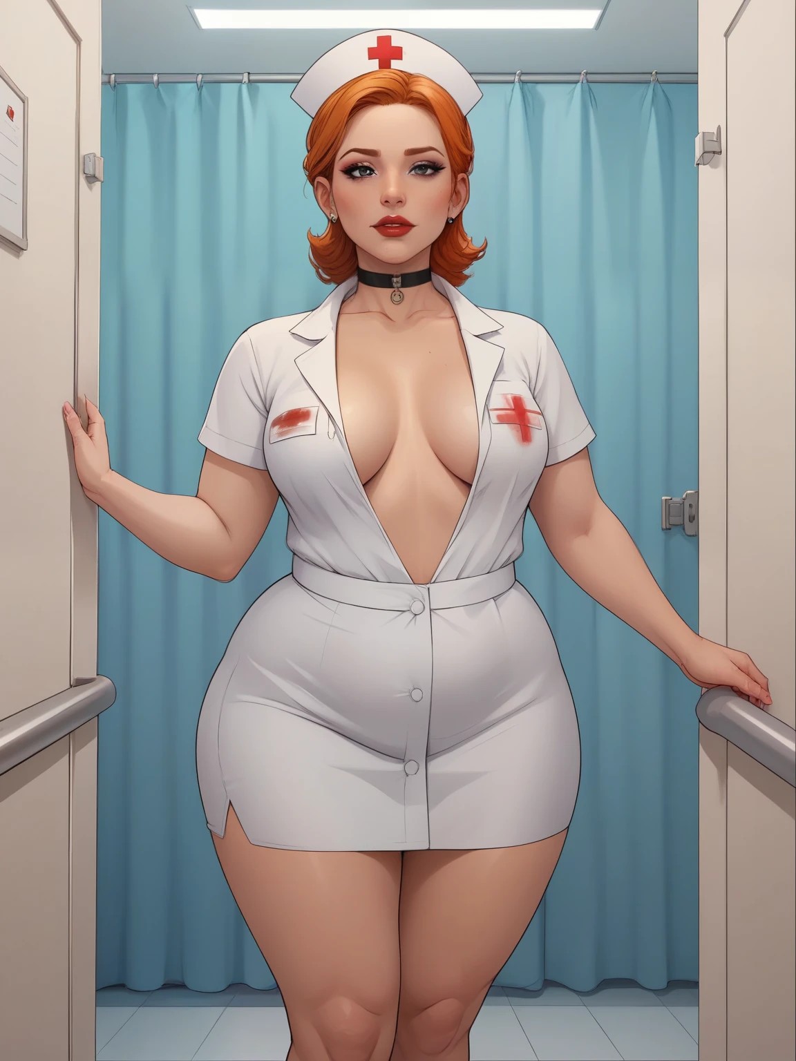 score_9, score_8_up, score_7_up, BREAK, 1girl, solo, black eyes. ginger. small saggy breasts. bbw. huge hips. dextersmom, makeup, jewelry, mature female, choker. Hospital. the clothes of a medical worker. the hospital bath. blood. cleavege
