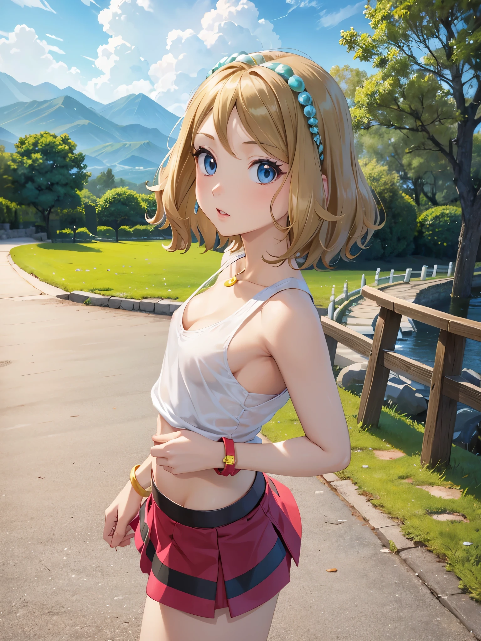 1woman, beautiful woman, photo of slim girl model, cute young woman, happy, small, (Young), good-looking, very short shirt, green miniskirt, light brown hair, short hair, wavy hair, bare arms, large breasts, blue eyes, perfect anatomy, perfect hands, detailed eyes, navel, midriff, beautiful and detailed lips, woven bracelets, outdoors, japanese street, standing, standing on one leg, close up, long eyelashes, beautiful face, detailed eyelashes, detailed lips, lip gloss, anime style, naughty face, bare shoulders, plunging neckline, mountains, cloudy, pokeball, holding pokeball, from side, looking at viewer, covered nipples, 