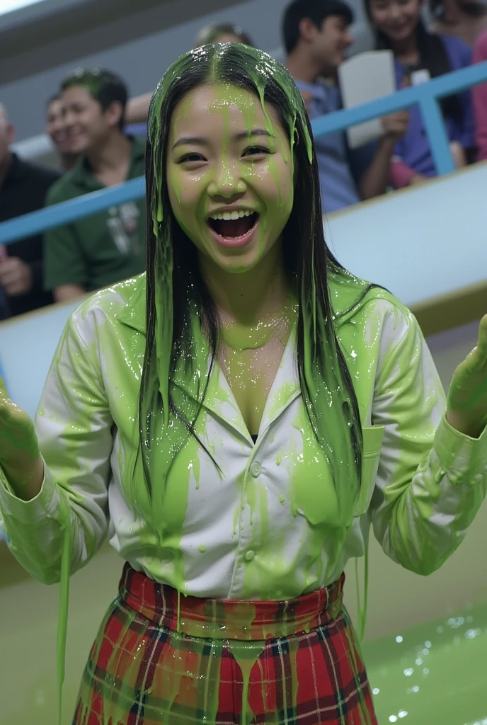 8k, hd, masterpiece, hyper realistic, photo realistic, (Canon50: 1.3), (2 Asian woman screaming in pain: 1.9), 2 women, school uniform, white shirt and skirt, (inside game show set: 1.9), game show studio, trivia, cleavage, beautiful face, delicate eyes, detailed faces, (wet slime dripping down both women: 1.5), wet slime drips from ceiling