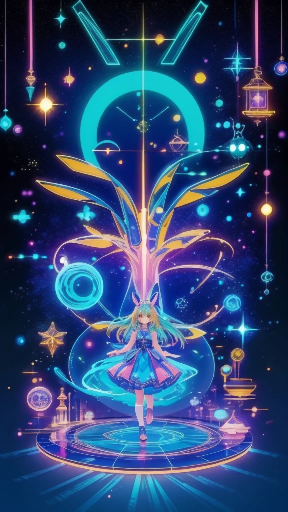  girlとRabbit， girl: ((Alice))Blue and white dress， blue headband in hair， anime girl ,  (( Dynamicアングル)) very beautiful,   Ideal Anatomy  ,  Starry sky with zodiacal constellations, Like a nebula ,Rabbit:ホログラムRabbit,human，cute，round，Holographic tree，Rich in nature，future，Shine夏の日には太陽が輝いています ，masterpiece  ,  top quality,    perfect anatomy ,  very aesthetic,   Official Art , 8k, Shine, A vast place，The magic of painting,  Dynamic， Nice colored shadows , style for stilets , fantasy,青い髪と緑の髪と星と雲の anime girl  ， Pixiv's Popular , Neo-Fauvism,  anime atmosphere ,  A dreamy psychedelic anime , 2Dアニメ style for stilets,  Dynamic，girl with turquoise hair, 「魔法の国のAlice」， absurd，アンドロイドジョーンズによるアニメ style for stiletsの誇大広告R詳細な , アニメ style for stiletsとフジフィルムがミックスされた, アニメ style for stilets 4k, Decora style illustration ,， masterpiece , top quality,  perfect anatomy ,  very aesthetic,  Official Art , 8k, Shine, The magic of painting,  Nice colored shadows ,  style for stilets , fantasy,「Alice」A delicate touch，