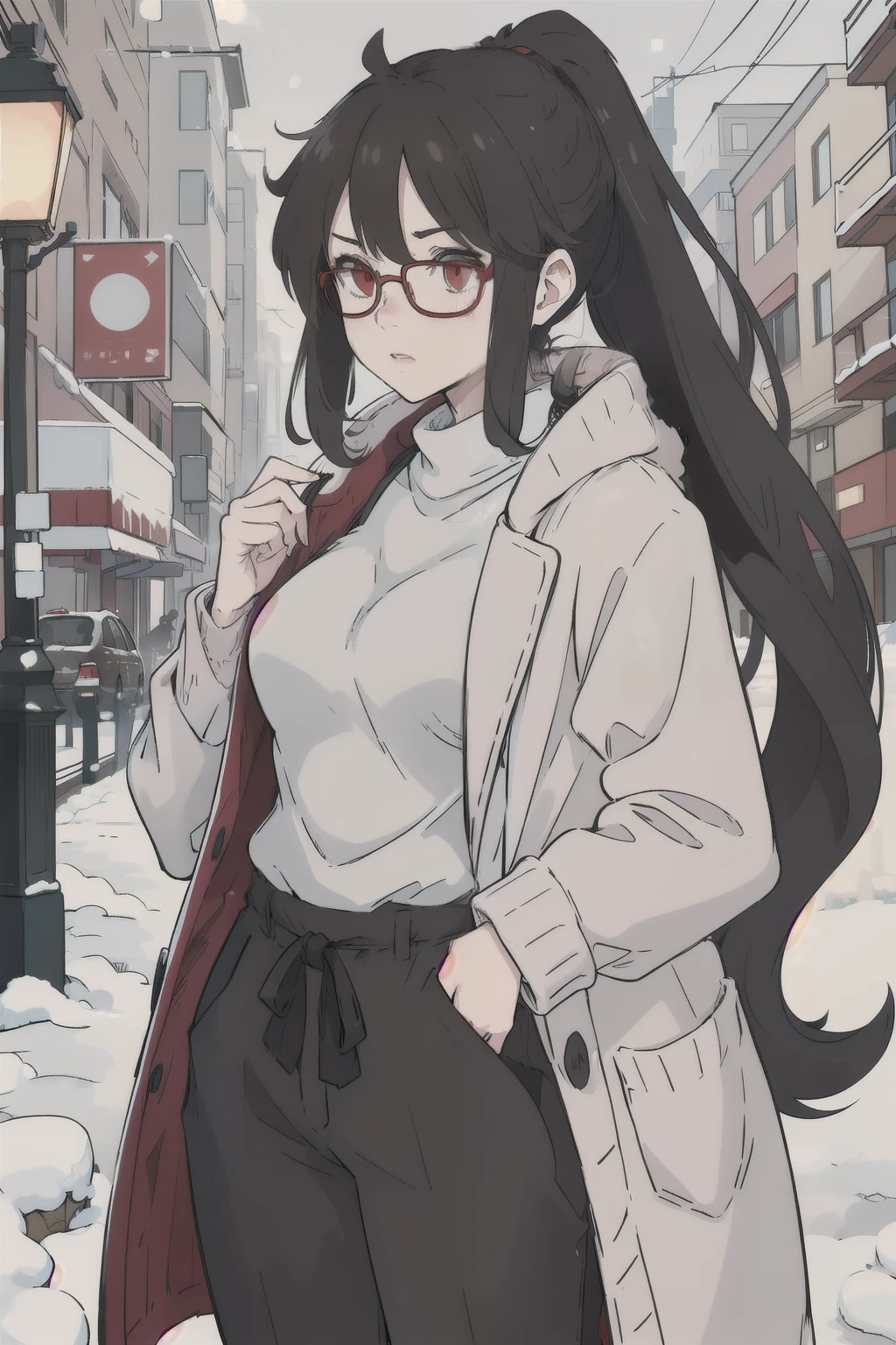 gorgeous woman, very long black hair tied in high ponytail,  dull red eyes, glasses, Winter clothes, light gray coat, dark gray pants, tall and slender, lithe physique, medium breasts, limited color range, winter core, snowing, cozy, fogging breath, nostalgic, innocent, bokeh