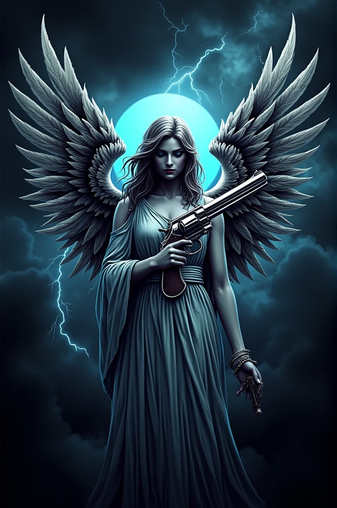 create a black and white angel holding a gun pointing to the side