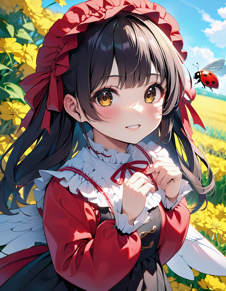 (In 8K, Best Quality, Master Piece: 1.2), Ultra High Resolution,1 girl,solo,loli,ultra-detailed face,detailed eyes,brown eyes,Mascara,blush,cowboy shot,(cupping hand on a ladybug:1.2),two side up,black hair,red ribbon-trimmed long sleeves black dress,(the girl has Wings of the ladybug:1.3),red sleeve ribbon,looking at viewer,smile,depth of field,blue sky,rape blossoms Garden