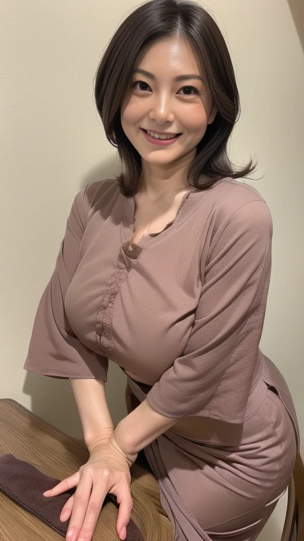  high definition ,  high definition ,  attention to detail, masterpiece, Rough skin,  anatomically correct,  sharp, Living Room Backdrop 、 ((Japanese Milf, 50 years old)), , (( facial wrinkles)),  plump big breasts, (( light brown semi-long hair)) 、 (((A happy smile))) Black blouse, ((  Long Skirt)),、,(( Friendly Smiles ))、(( eye that tempts the viewer ))、((Right in front of the audience ))(( lean forward で話を聞くポーズ))、(( table top in front of you))、((Place your hands on the desk))、(( lean forward ))、((Face is close to the viewer))、(((( bust top))))　((branch))、(((From the side)))