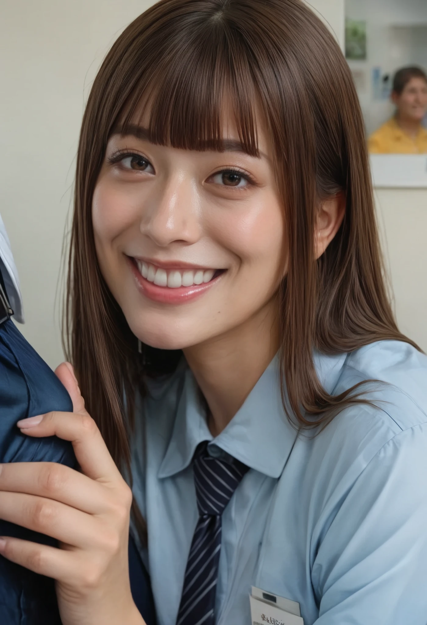 Score_9, Score_8_up, Score_7_up, rating_safe, source_real, realistic, photo realistic, masterpiece, best quality, high resolution photograph, extremely detailed, intricate details, sharp details, sharp focus, solo, 1girl, a young Japanese woman, (office lady uniform), (implied fellatio, smile), pale skin, shiny skin, brown hair, blunt bangs, detailed face, detailed eyes, sophisticated nose, perfect hand, BREAK, 1boy, big bulge in brief, BREAK, indoors, office room,,