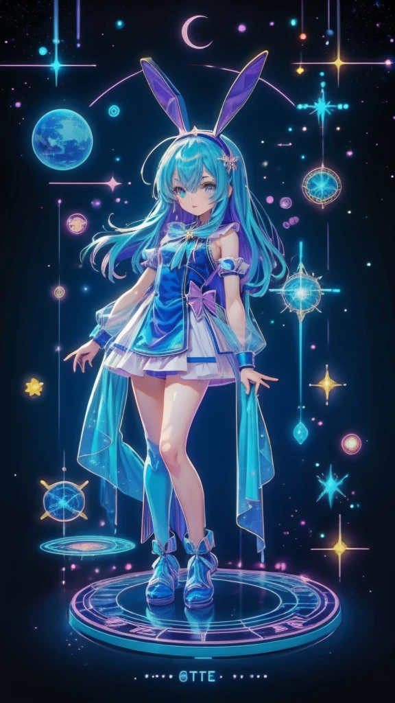  girlとRabbit， girl: ((Alice in cyber))Blue and white dress， blue headband in hair， anime girl ,  (( Dynamicアングル)) very beautiful,   Ideal Anatomy  ,  Starry sky with zodiacal constellations, Like a nebula ,Rabbit:ホログラムRabbit,human，cute，round，Holographic tree，Rich in nature，future，Shine夏の日には太陽が輝いています ，masterpiece  ,  top quality,    perfect anatomy ,  very aesthetic,   Official Art , 8k, Shine, A vast place，The magic of painting,  Dynamic， Nice colored shadows , style for stilets , fantasy,青い髪と緑の髪と星と雲の anime girl  ， Pixiv's Popular , Neo-Fauvism,  anime atmosphere ,  A dreamy psychedelic anime , 2Dアニメ style for stilets,  Dynamic，girl with turquoise hair, 「魔法の国のAlice」， absurd，アンドロイドジョーンズによるアニメ style for stiletsの誇大広告R詳細な , アニメ style for stiletsとフジフィルムがミックスされた, アニメ style for stilets 4k, Decora style illustration ,snow， masterpiece , top quality,  perfect anatomy ,  very aesthetic,  Official Art , 8k, Shine, The magic of painting,  Nice colored shadows ,  style for stilets , fantasy,「Alice」A delicate touch，snow，snowが降る，