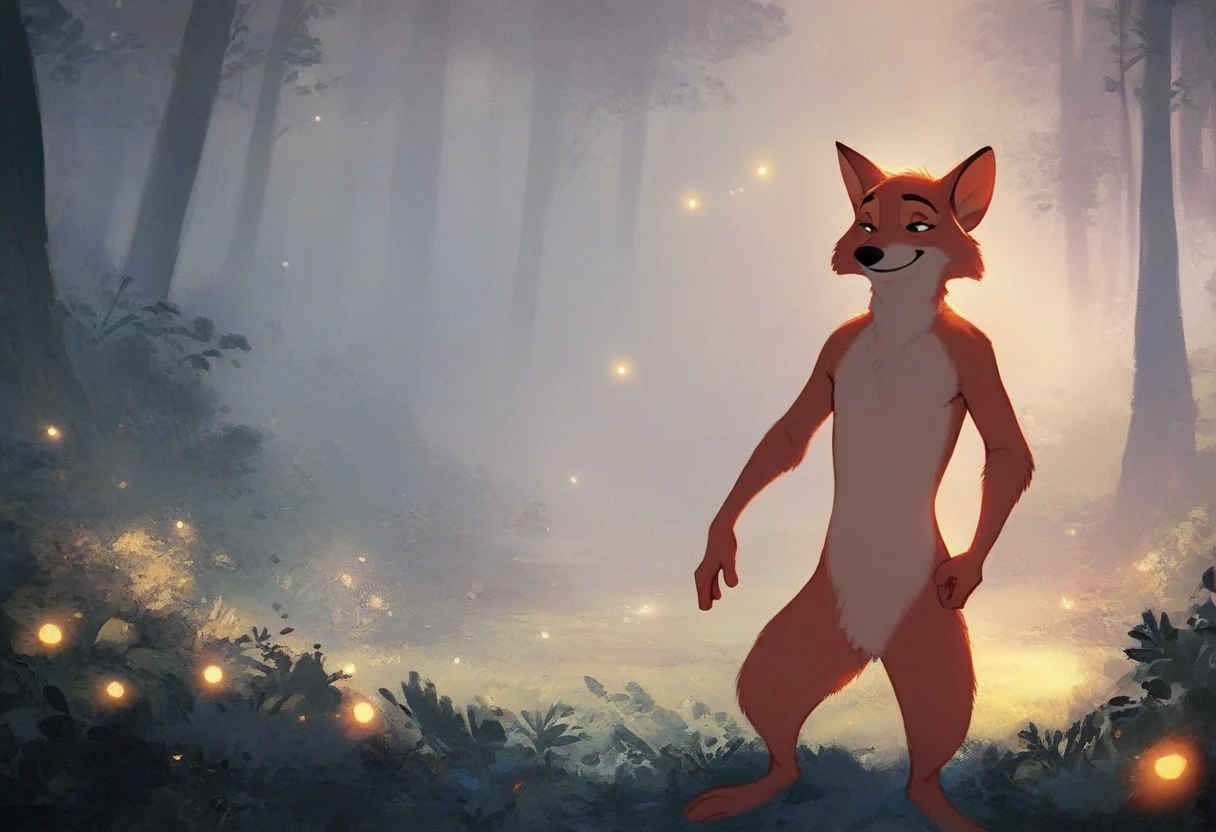 (robinhood:0.8), nude, naked, standing, facing forward, fluffy fur, orange fur, smile, half-closed eyes, detailed forest background, backlighting, night, firefly  