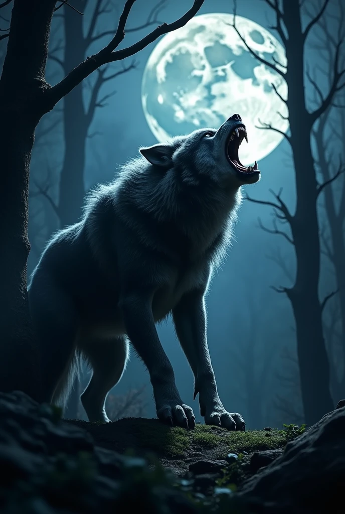 A dramatic scene of a werewolf transforming under a full moon, with the wolf howling at the night sky. The atmosphere is dark and eerie, surrounded by a dense forest. The werewolf is mid-transformation, showcasing muscular features and glowing eyes, with the moonlight illuminating the scene.