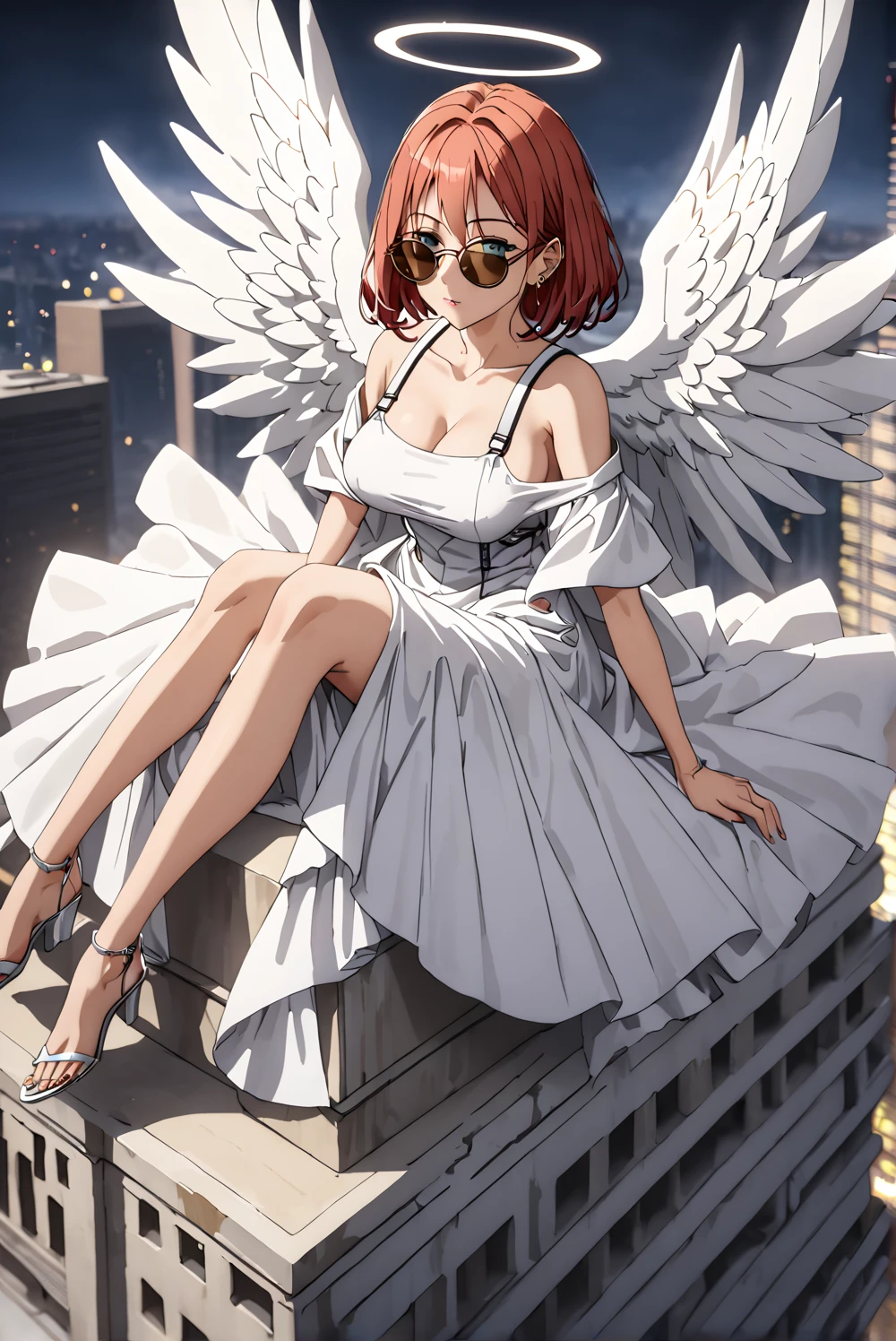 masterpiece, best quality, high quality, detailed, ultra detailed, hyper detailed, exquisite, insanely detailed, beautiful, FHD, Full-HD, 4K, 8k, 16k, highres, absurdres, 1 woman:1.4, ((sunglasses:1.4)), big breast, ((thin khaki hair:1.4, red hair:1.4, gradient hair)), ((two side up hair)), hair ribbon, ((drill hair:1.4, short hair)), ((off shoulder, shoulder straps)), sexy legs, White costume, Overhang, Hard Cloth, ((Oversized)), ((angel, big big white wings:1.2, halo:1.3)), Uriel, aqua Marin eyes, eyes wide open, (forehead), sitting on top of a building, night, glamor body