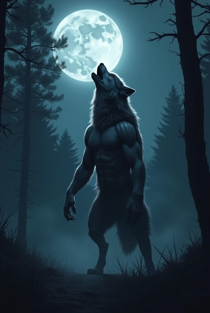 A dramatic scene of a werewolf transforming under a full moon, with the wolf howling at the night sky. The atmosphere is dark and eerie, surrounded by a dense forest. The werewolf is mid-transformation, showcasing muscular features and glowing eyes, with the moonlight illuminating the scene.