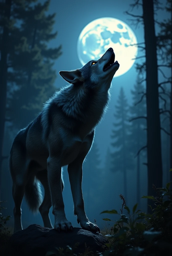 A dramatic scene of a werewolf transforming under a full moon, with the wolf howling at the night sky. The atmosphere is dark and eerie, surrounded by a dense forest. The werewolf is mid-transformation, showcasing muscular features and glowing eyes, with the moonlight illuminating the scene.