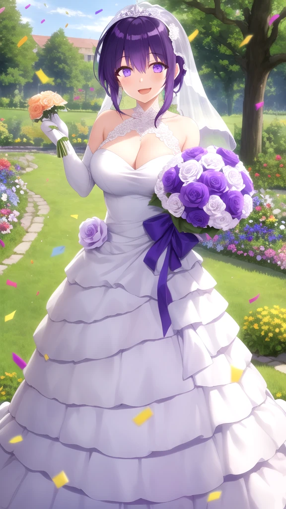 masterpiece, best quality, high quality, girl, solo, looking at viewer, yuuki_izumi, purple eyes, purple hair, large breasts, wedding Dress, standing, garden, confetti, holding bouquet, smile, open mouth,