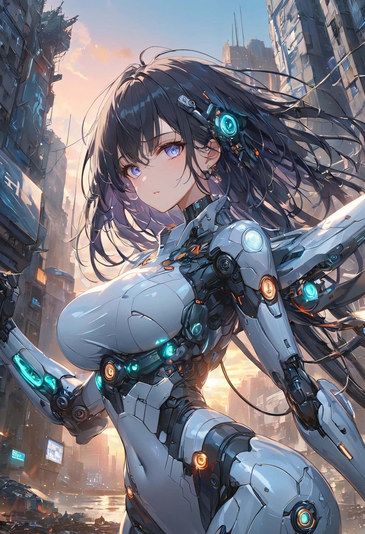 (((Best quality, 8k, Masterpiece: 1.3)), ((best quality)), ((masterpiece)), (detailed), perfect face, perfect body, (detailed skin:1.3), (intricate details), Sci-fi, android, mechanical arms, metallic body, streamlined body, black hair, glittering even to the tips, Ruined city and buildings, sunset, Cyberspace, a highly functional mechanical body