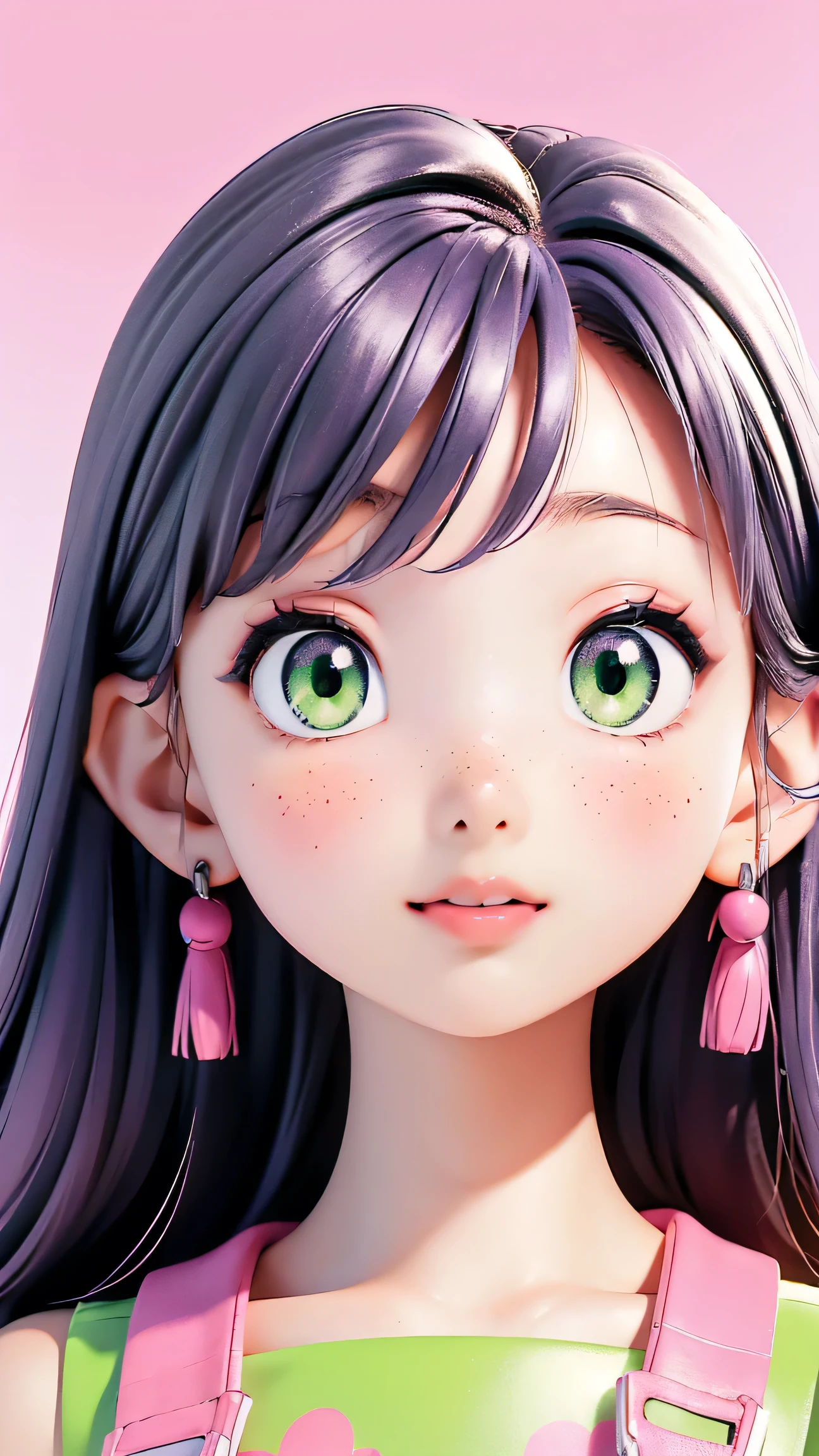 (masterpiece, highres, high resolution:1.2), anime 20 yo girl, portrait, shoulders up, illustration. drawn, violet hair, asian girl, green eyes, blushing, solo, surprised, freckles, big lips, huge breasts, perfect body, wearing a tight crop top, no hands.