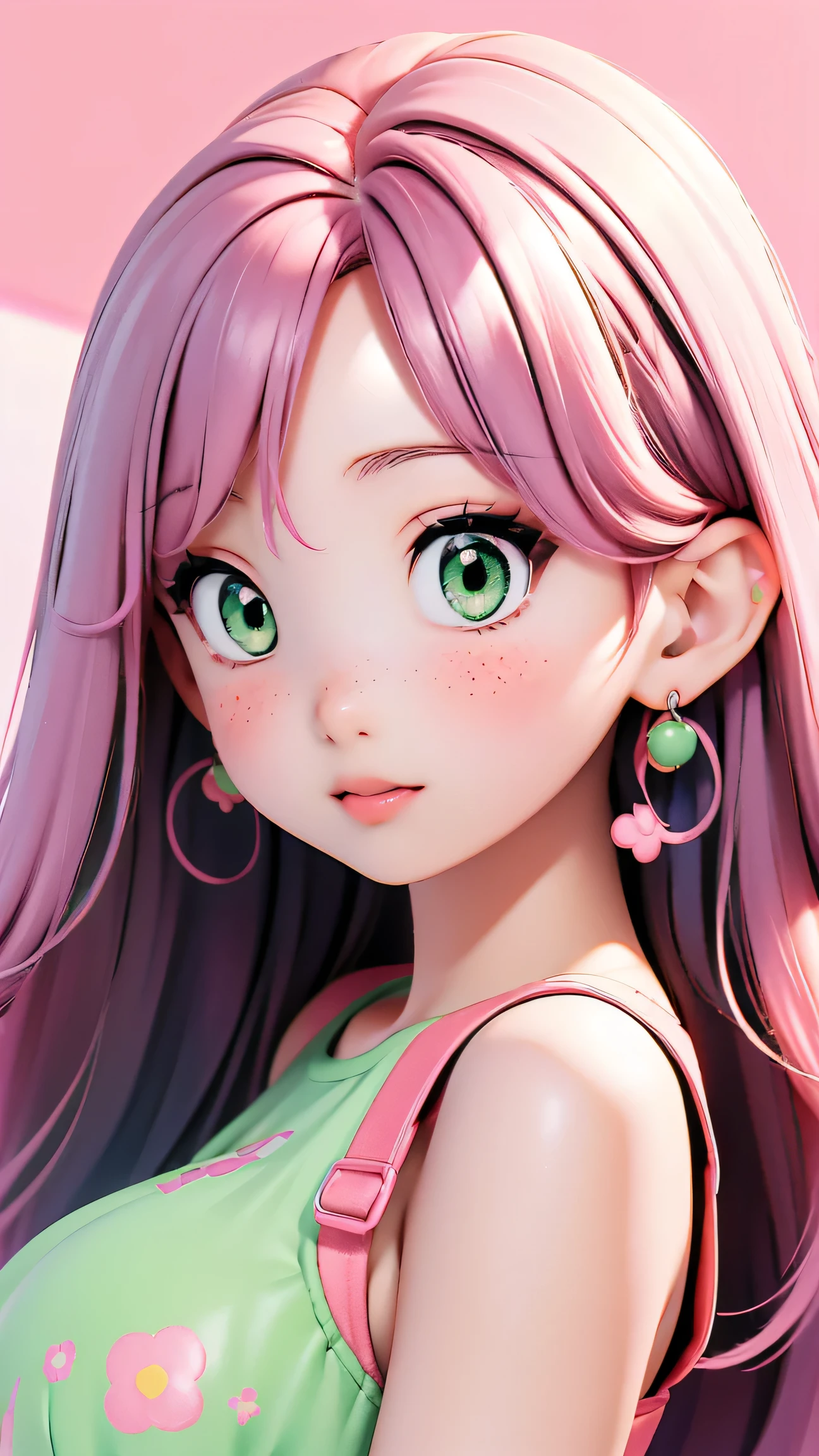 (masterpiece, highres, high resolution:1.2), anime 20 yo girl, portrait, shoulders up, illustration. drawn, violet hair, asian girl, green eyes, blushing, solo, surprised, freckles, big lips, huge breasts, perfect body, wearing a tight crop top, no hands.