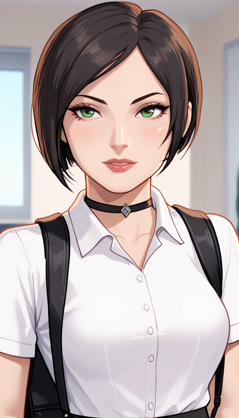 Cartoon screencap 2d, adult woman,  , ada wong, closeup Portrait, office Outfit, , green eyes, strict, 