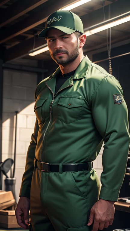 An award-winning original photo,A wild muscular man, (40 years old daddy:1.1), 1boy, Solo, (green longsleeves mechanic jumpsuit), (tool belt), (green baseball cap), black hair, (big shoulders), musculature, stubbles, Short beard, Beautiful eyes:1.3, ), (Detailed face:1.3), wearing eyeglasses, smiles, Dynamic Angle, volumetric lighting, (Best quality, A high resolution, Photorealistic), Cinematic lighting, Masterpiece, RAW photo, Intricate details, hdr, depth of field, garage